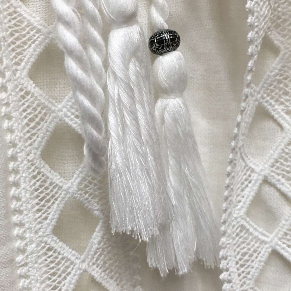 Zara Linen Cotton Embroidered Blouse Medium Cream Front Tassel Tie Beaded Boho - Picture 3 of 10